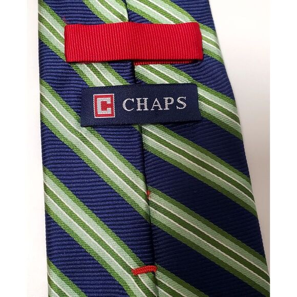 CHAPS Necktie 100% Silk Navy/ Green/ Ivory Tradition Diagonal Stripe Classic Tie - Picture 7 of 10
